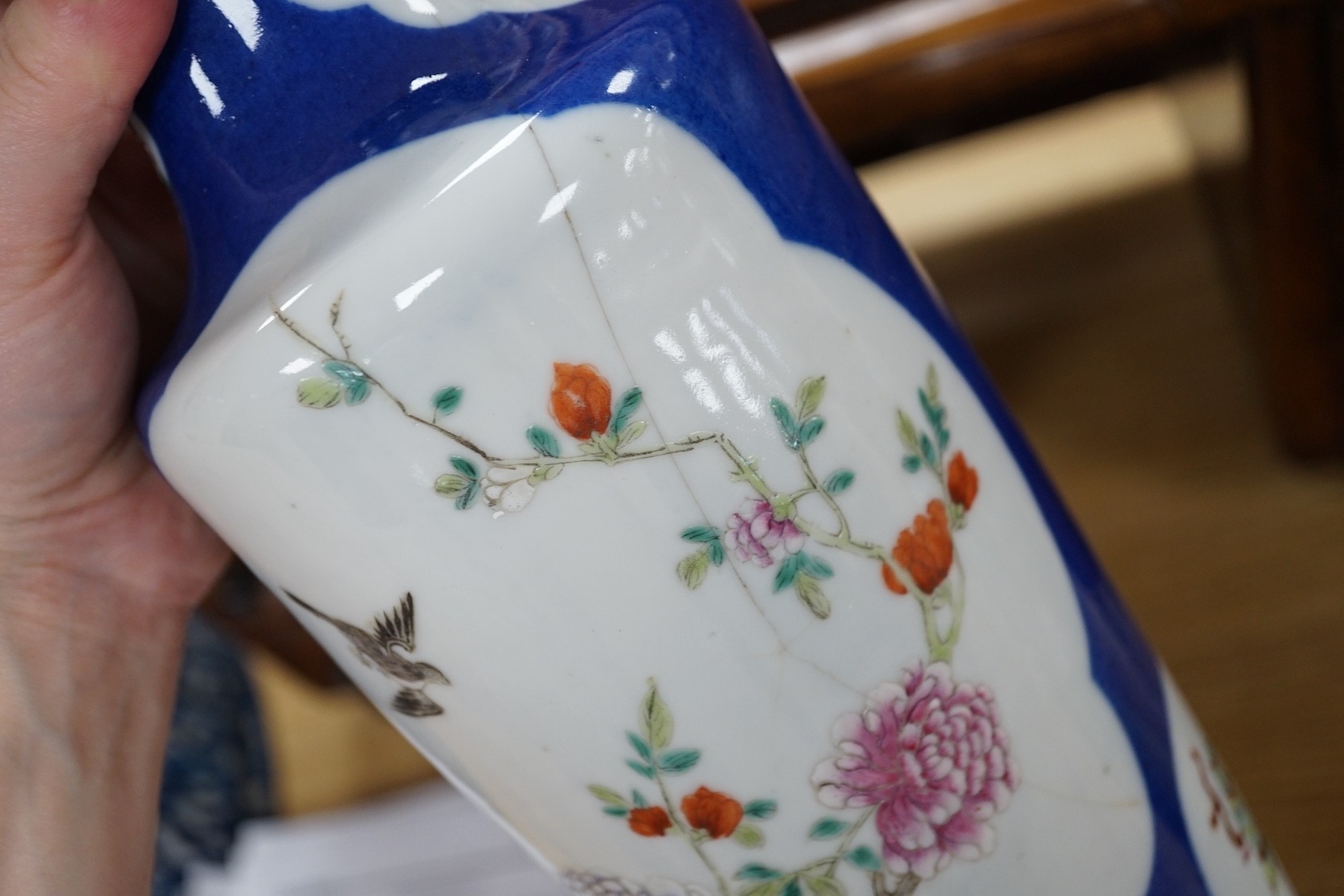 Two late 19th century Chinese porcelain vases, 31cm high, a/f